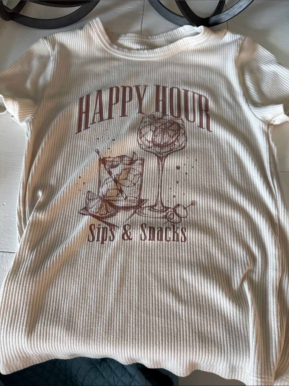 American Eagle Outfitters Cream Ribbed 'Happy Hour' Graphic Tee